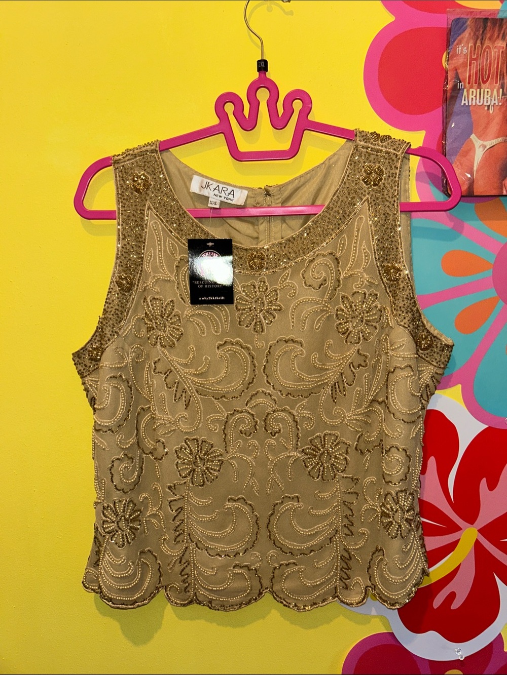 Vintage J Kara Gold-Beige Beaded Embellished Sleeveless Camisole